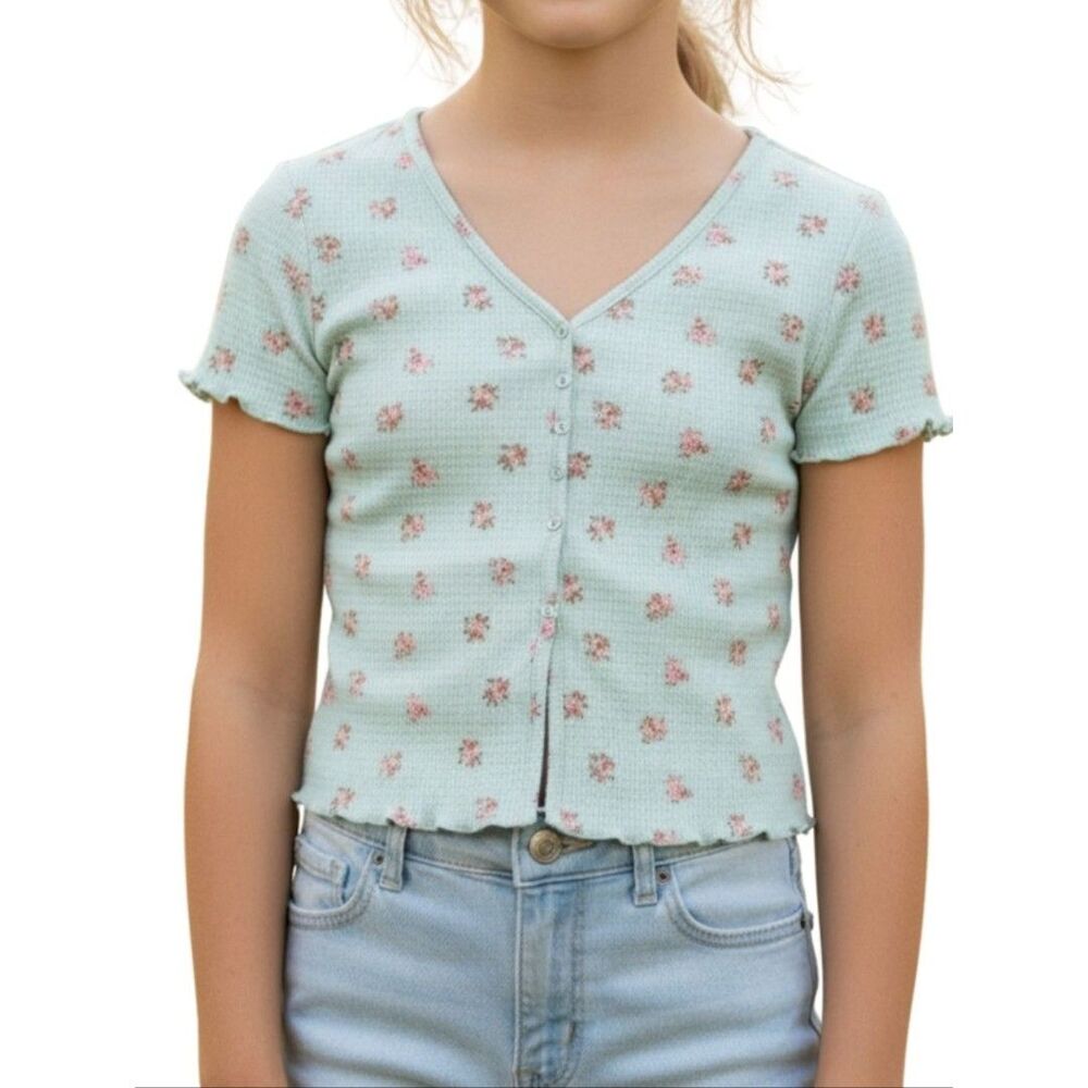 Sky and Sparrow Mint Green Floral Ribbed Crop Top